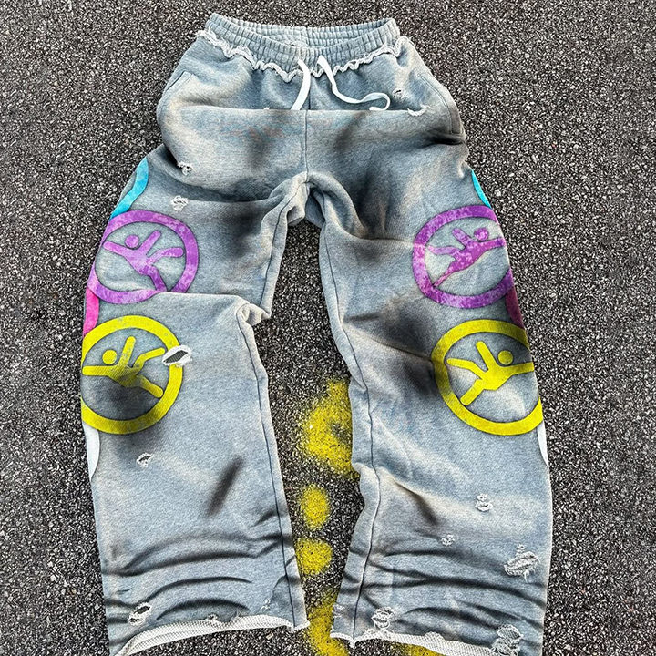 clothing factory custom cotton vintage all over print pants acid wash all over print pants